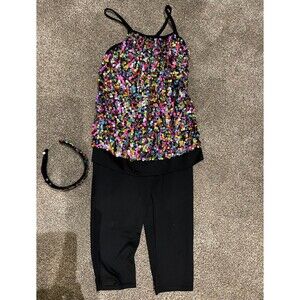 Girls Dance Costume - One piece, black bottom, multi color sequin top, headband
